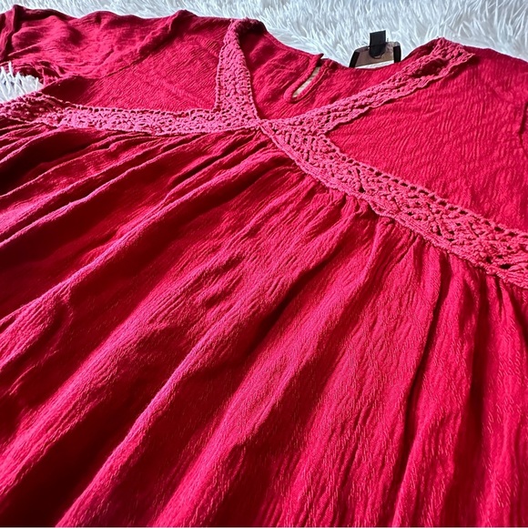 Suzanne Betro Boho Lace Trim Dress Red Textured Long Sleeve Size Large - Picture 15 of 15